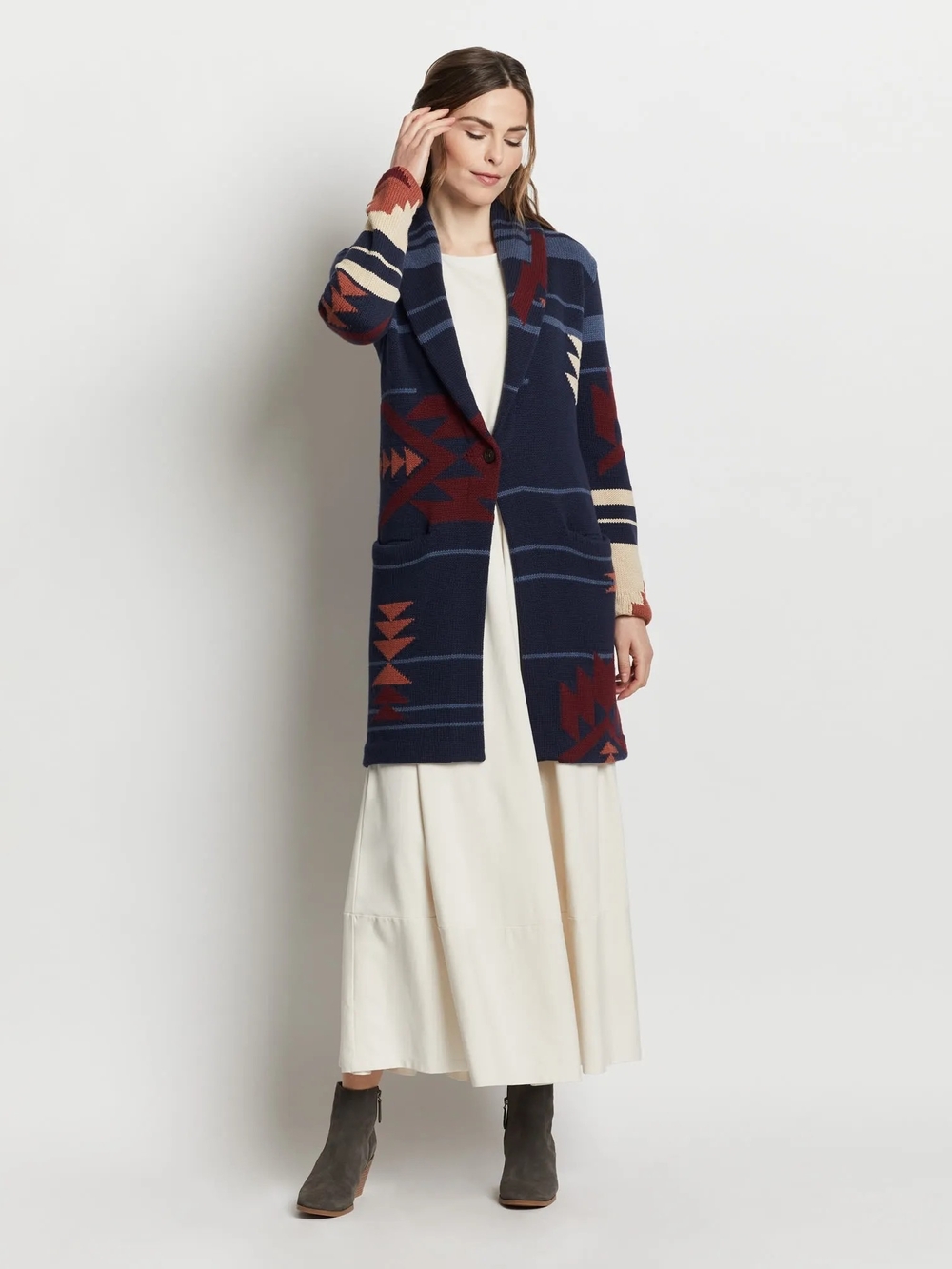 Pendleton Cotton-Wool Blend Aztec Shawl-Collar Long Length Cardigan, Medium